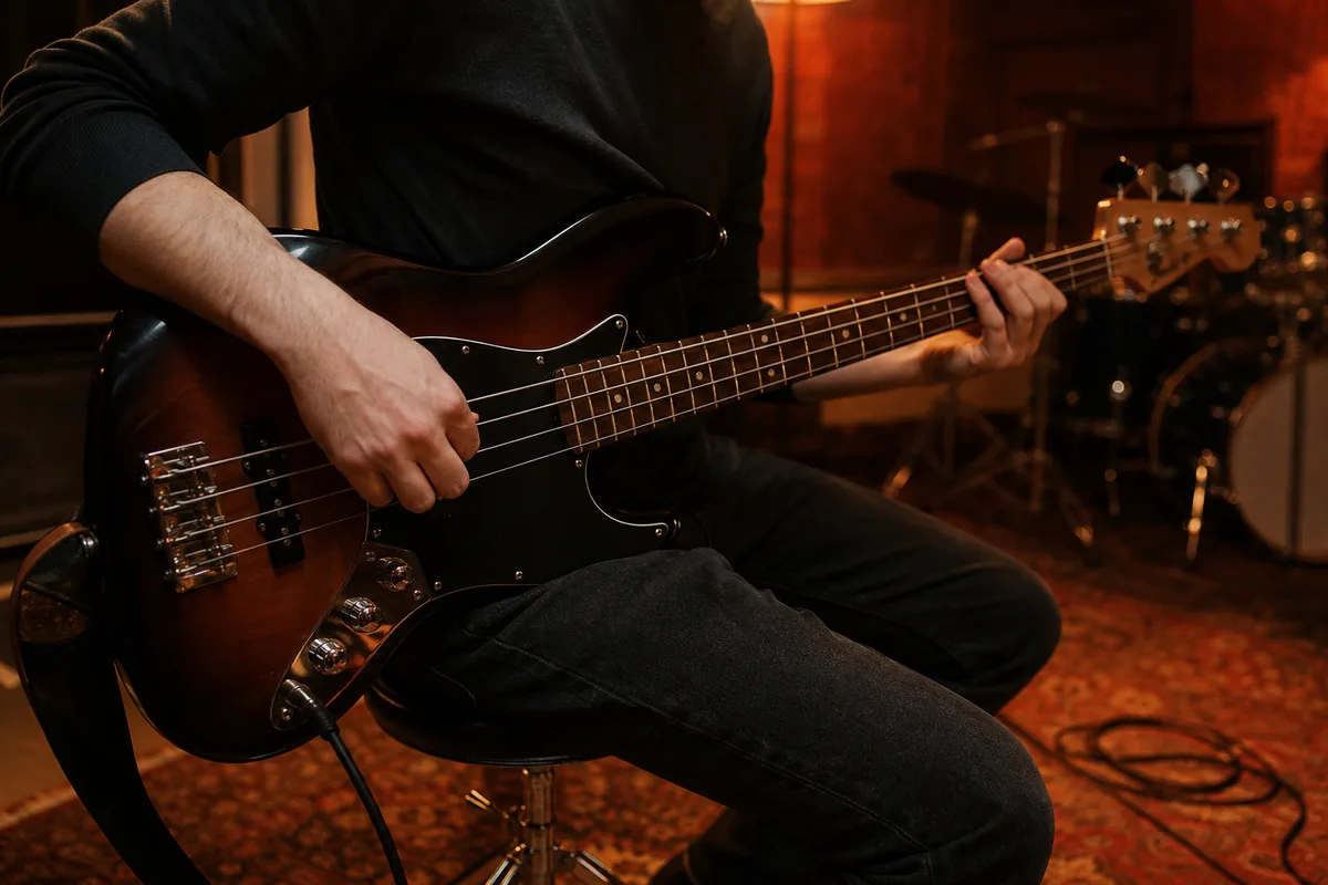 Bassiste jouant assis dans un studio, éclairage tamisé