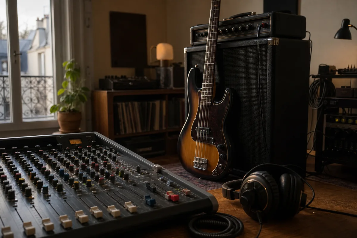 Table de mixage et basse électrique posée contre un ampli en studio