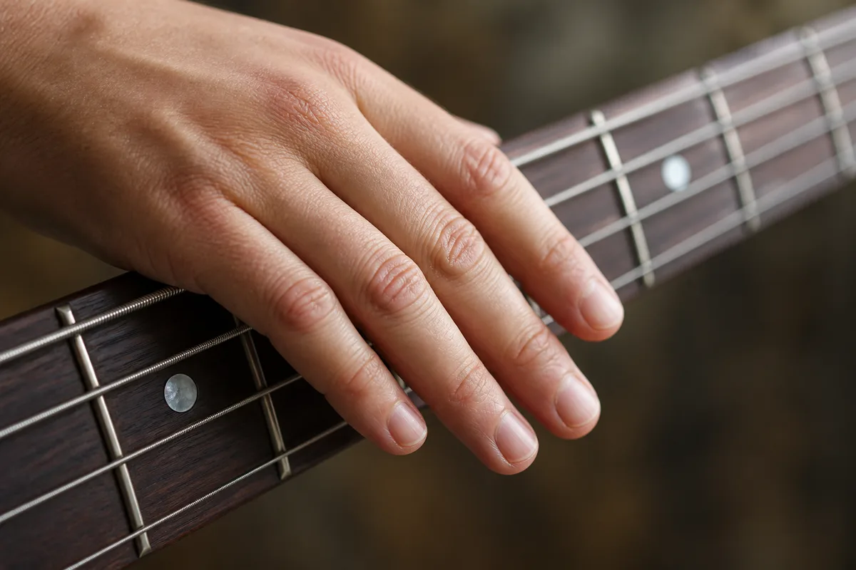 Main gauche etouffant les cordes sur un manche de basse en gros plan