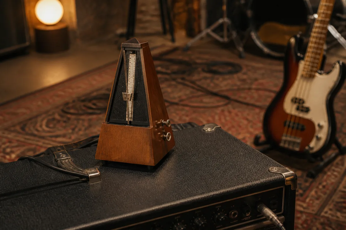 Metronome pose sur un ampli de basse dans une salle de repetition